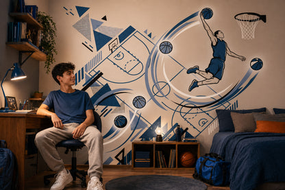 Basketbolcu Figürlü Poster Duvar Kağıdı Mavi Geometrik Genç Odası
