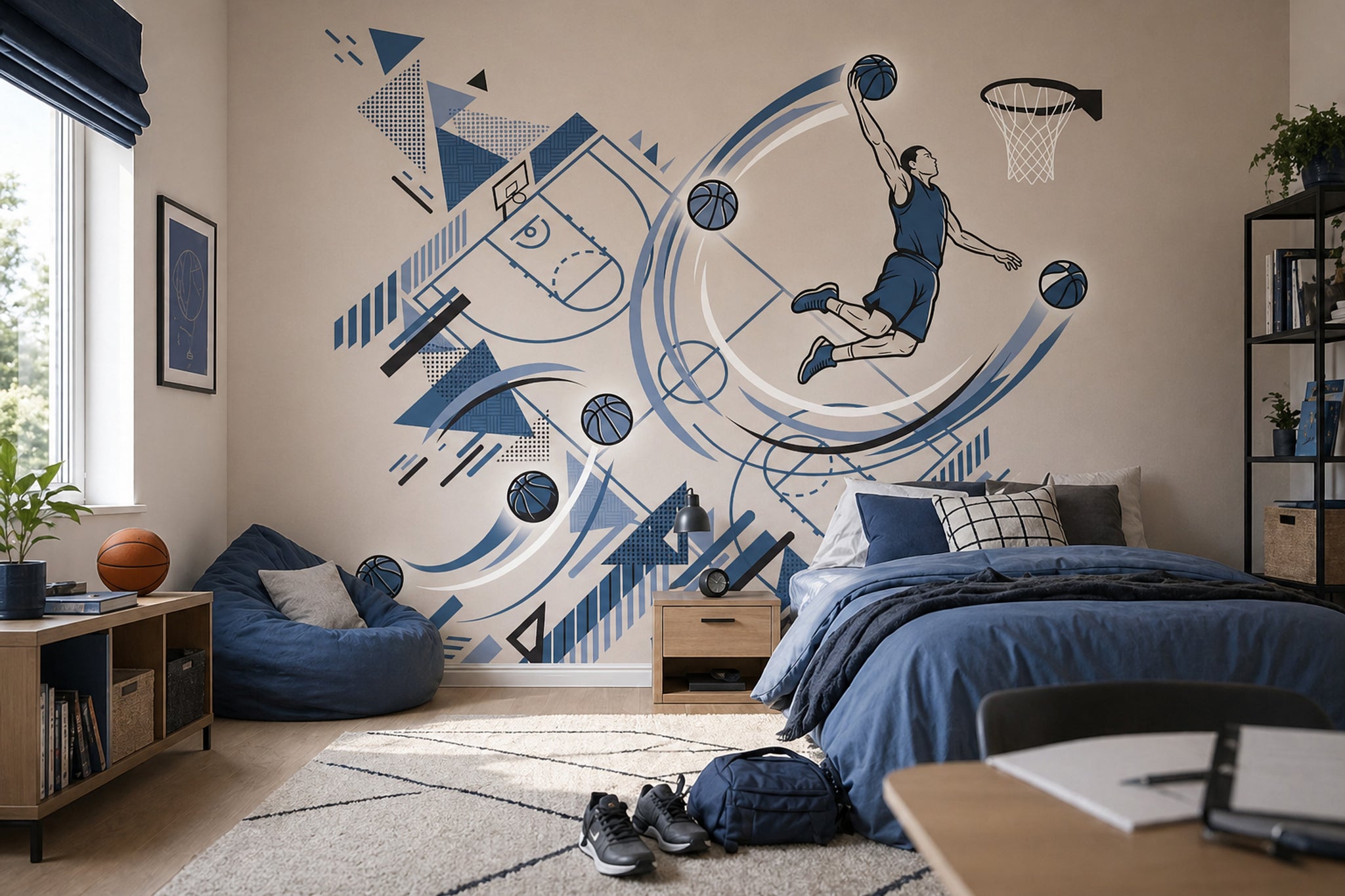 Basketbolcu Figürlü Poster Duvar Kağıdı Mavi Geometrik Genç Odası