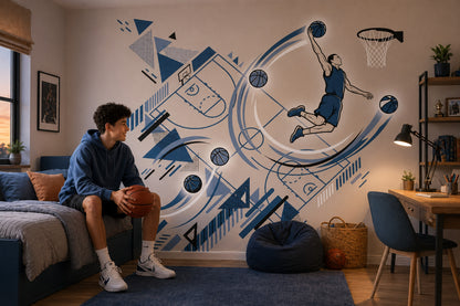 Basketbolcu Figürlü Poster Duvar Kağıdı Mavi Geometrik Genç Odası