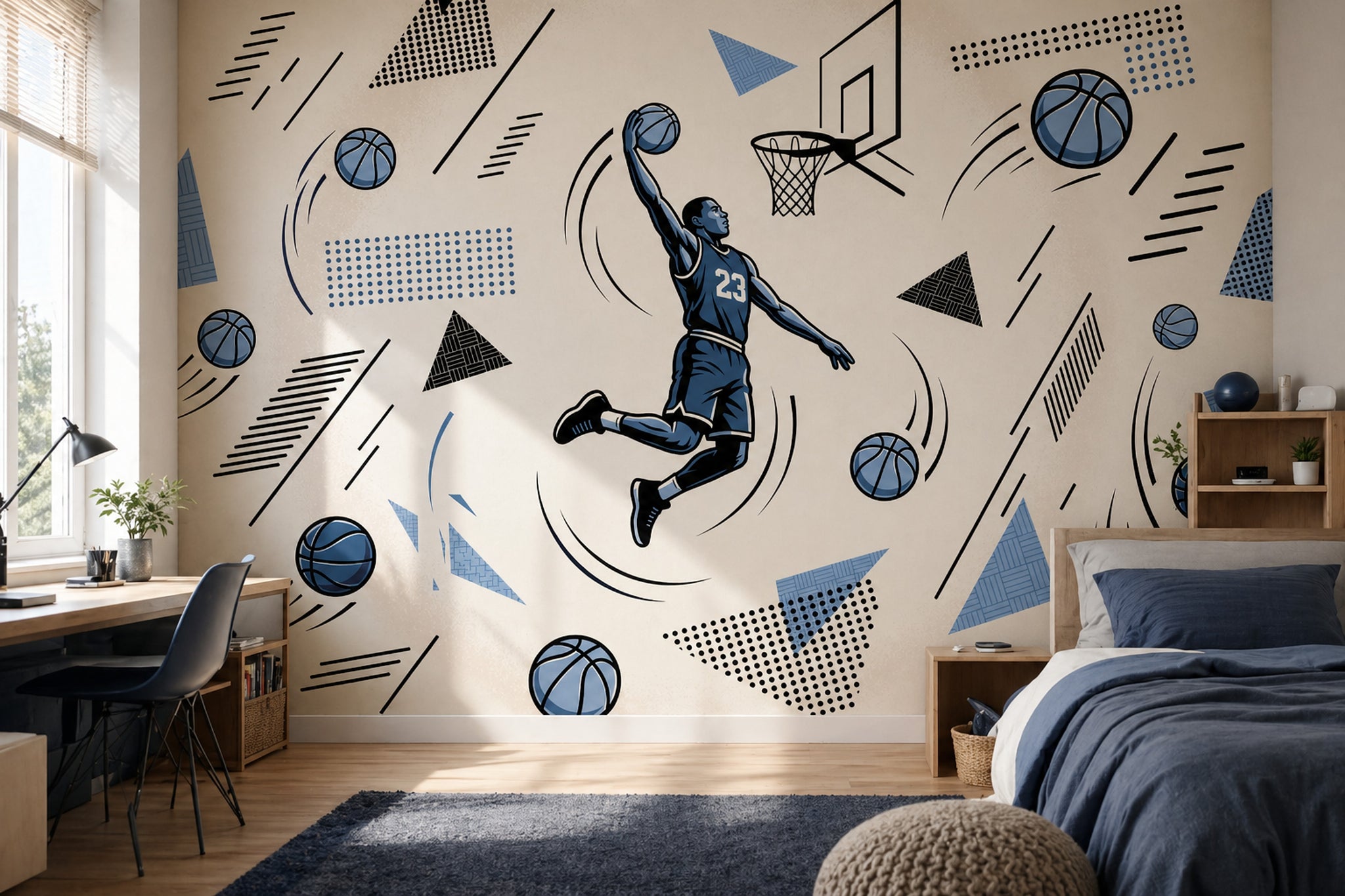 Basketbolcu Figürlü Poster Duvar Kağıdı Mavi Genç Odası