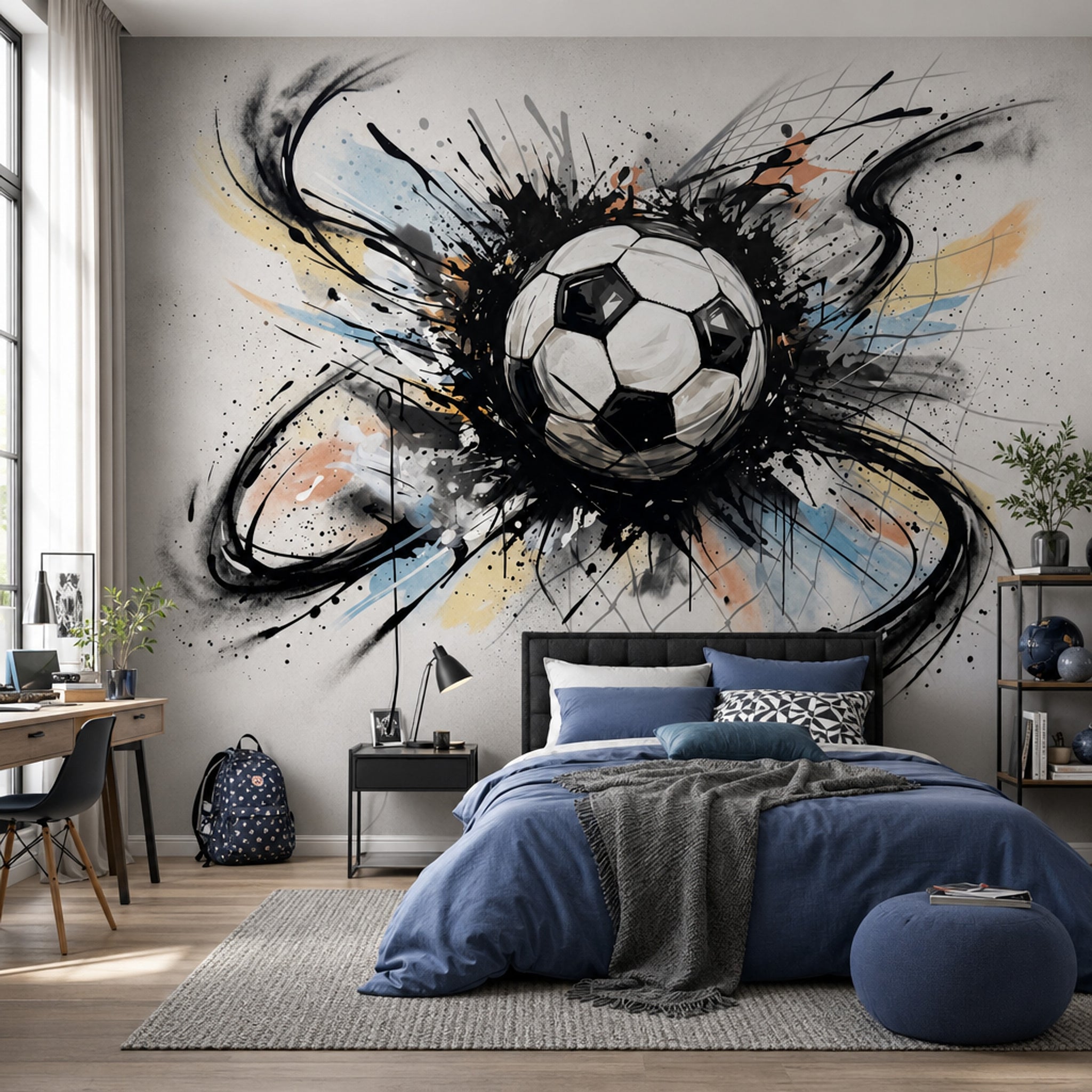 Sulu Boya Futbol Topu Poster Duvar Kağıdı Gri Genç Odası