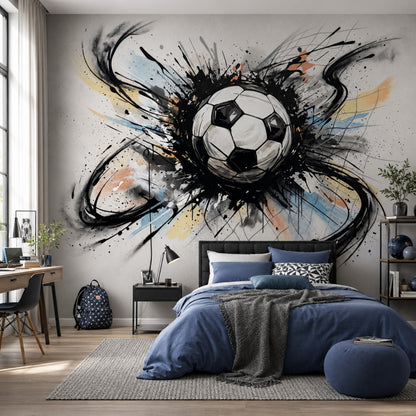 Sulu Boya Futbol Topu Poster Duvar Kağıdı Gri Genç Odası