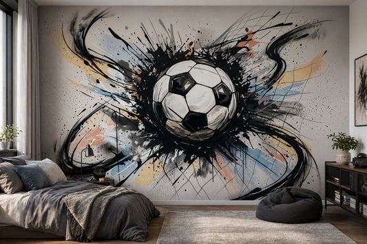 Sulu Boya Futbol Topu Poster Duvar Kağıdı Gri Genç Odası
