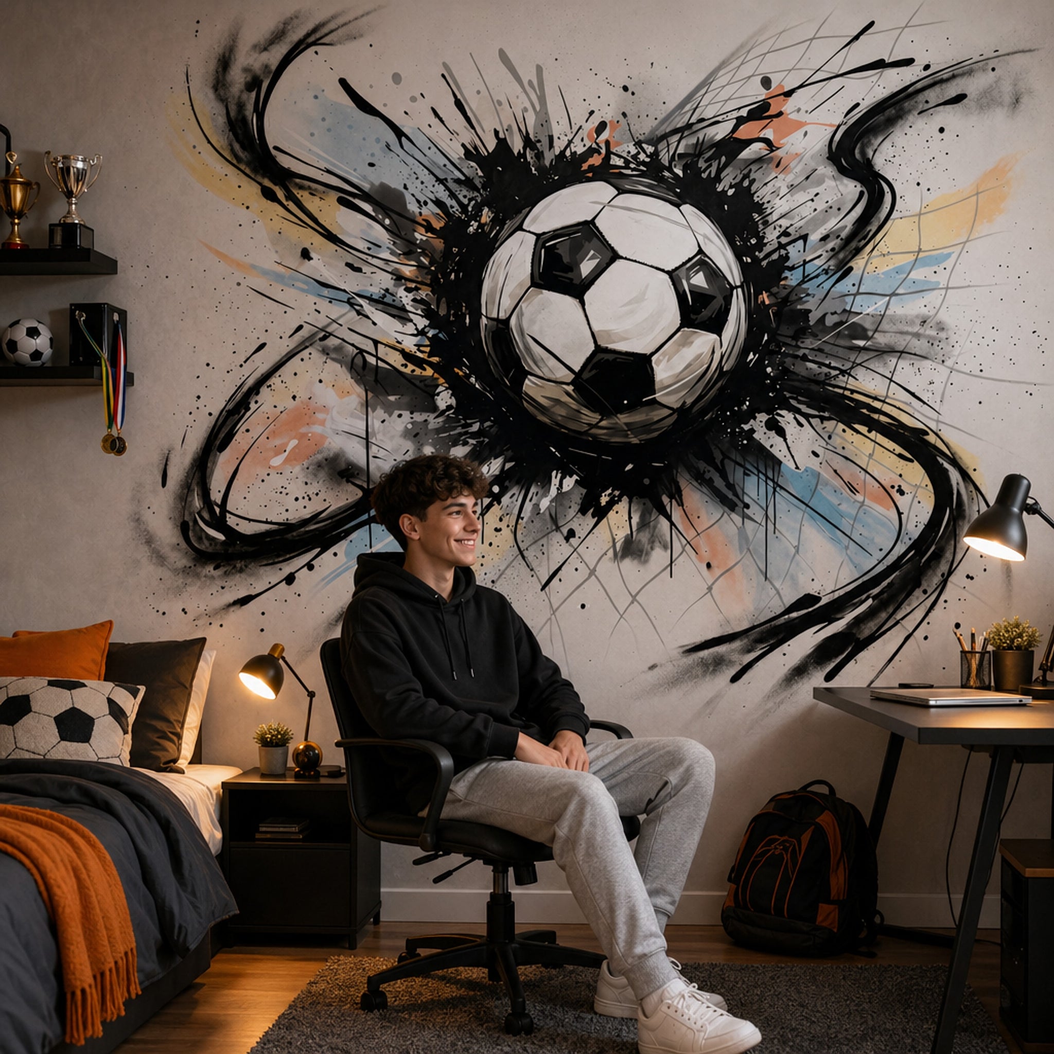 Sulu Boya Futbol Topu Poster Duvar Kağıdı Gri Genç Odası