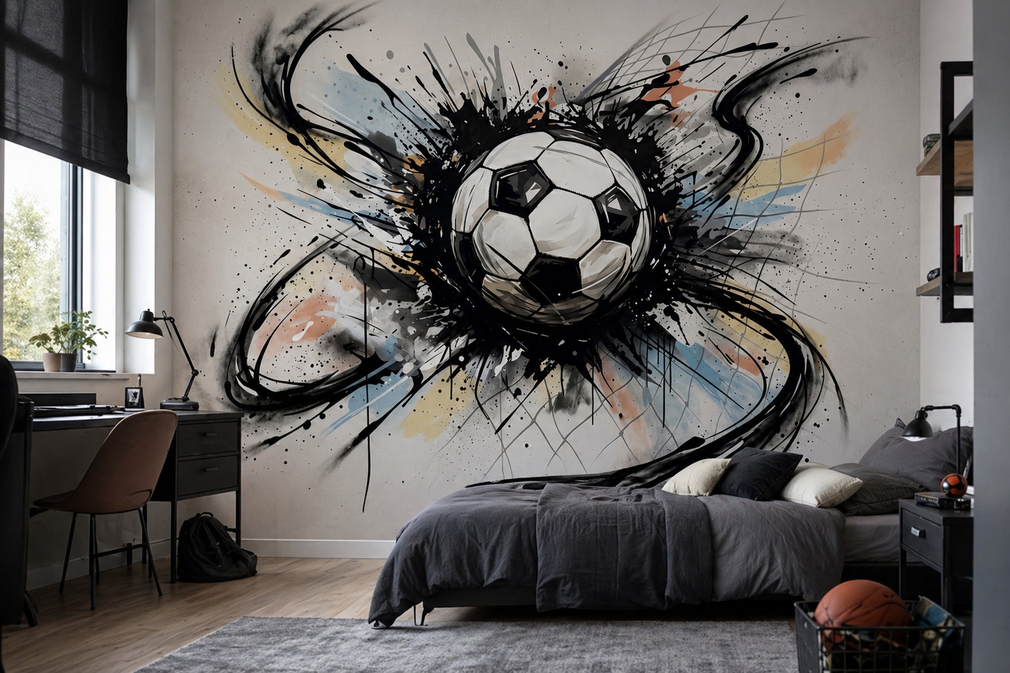 Sulu Boya Futbol Topu Poster Duvar Kağıdı Gri Genç Odası