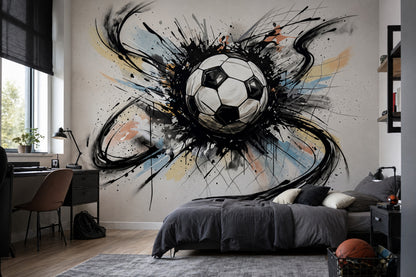 Sulu Boya Futbol Topu Poster Duvar Kağıdı Gri Genç Odası