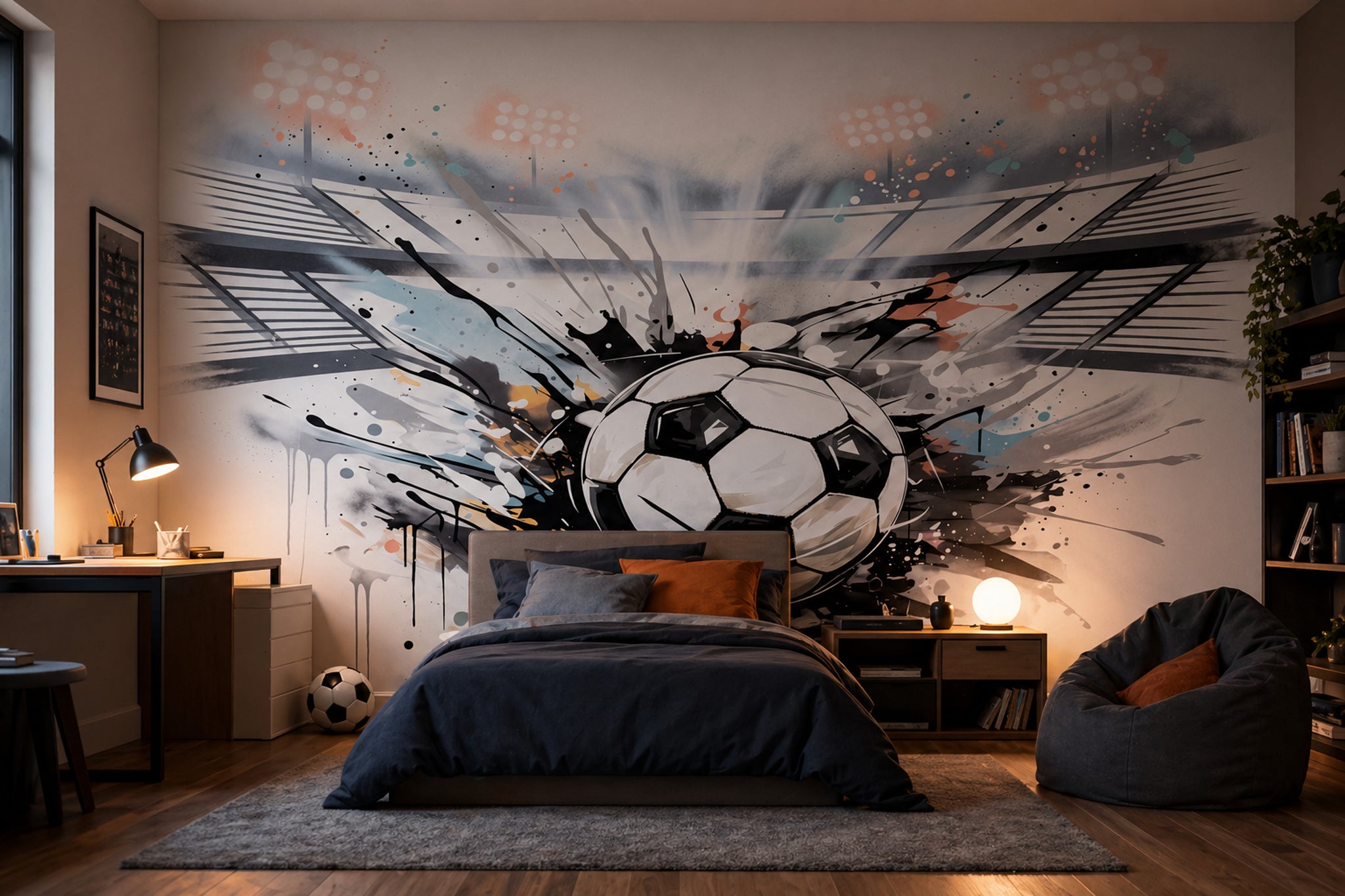 Graffiti Futbol Topu Poster Duvar Kağıdı Siyah Beyaz Genç Odası