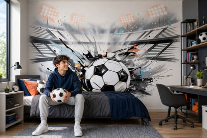 Graffiti Futbol Topu Poster Duvar Kağıdı Siyah Beyaz Genç Odası