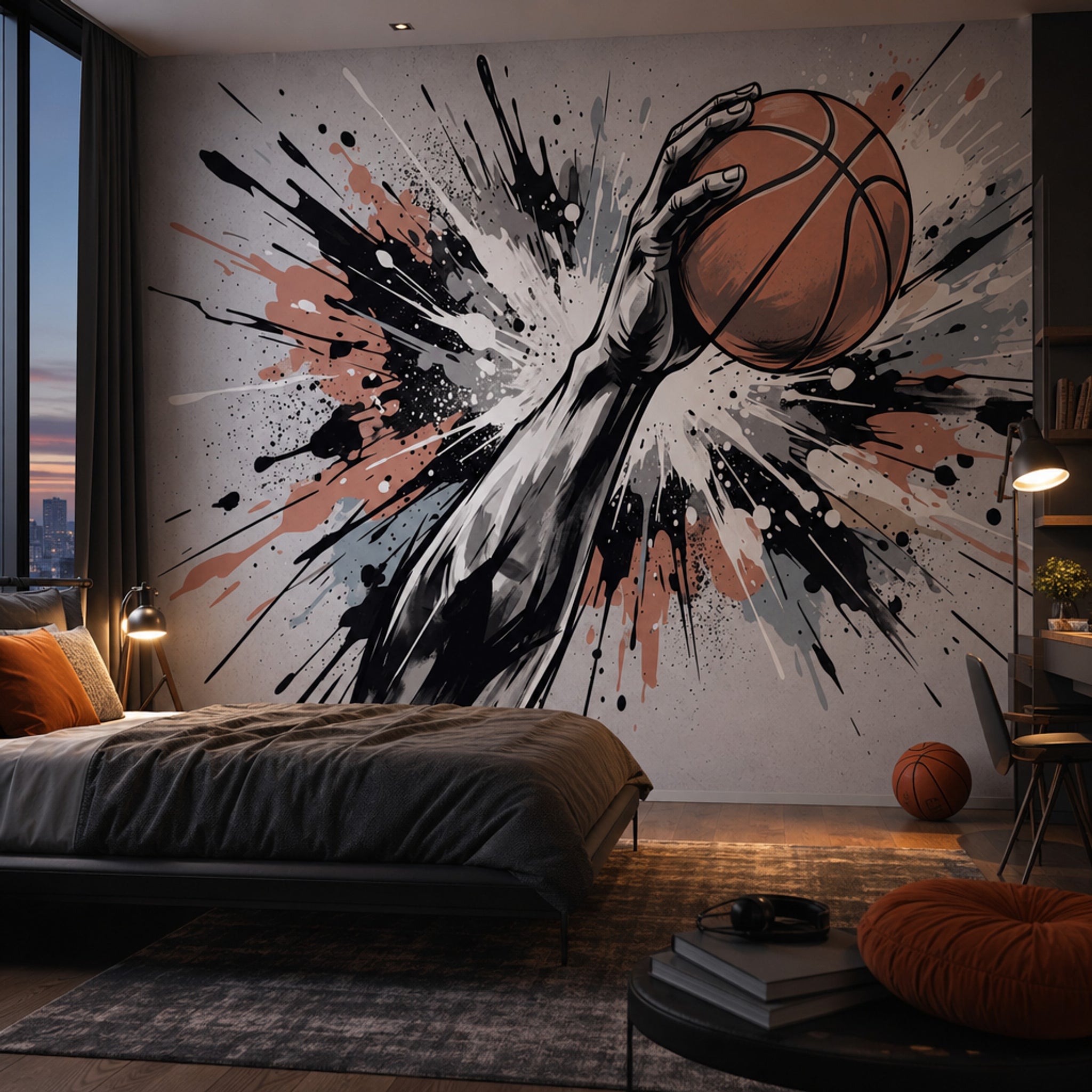 Basketbol Temalı Poster Duvar Kağıdı Siyah Turuncu Sıçrama Desenli
