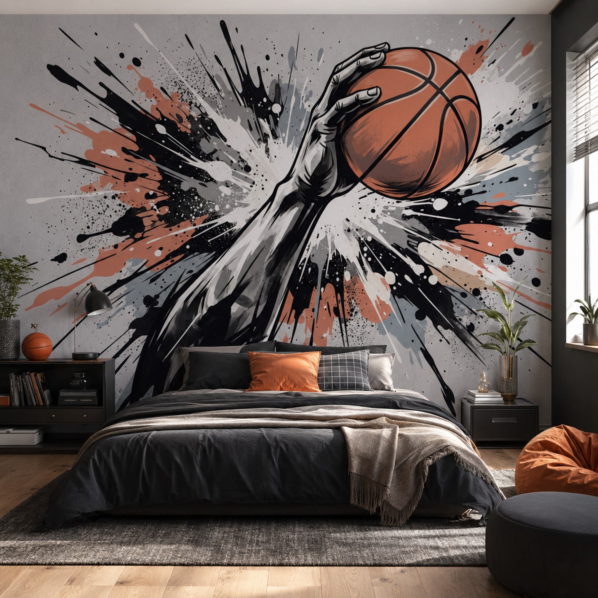 Basketbol Temalı Poster Duvar Kağıdı Siyah Turuncu Sıçrama Desenli