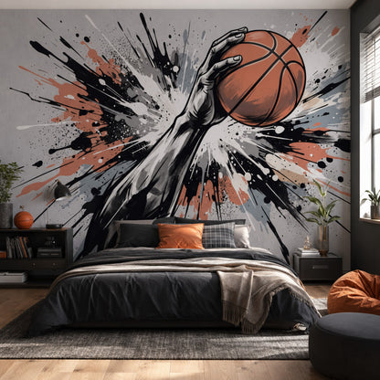 Basketbol Temalı Poster Duvar Kağıdı Siyah Turuncu Sıçrama Desenli