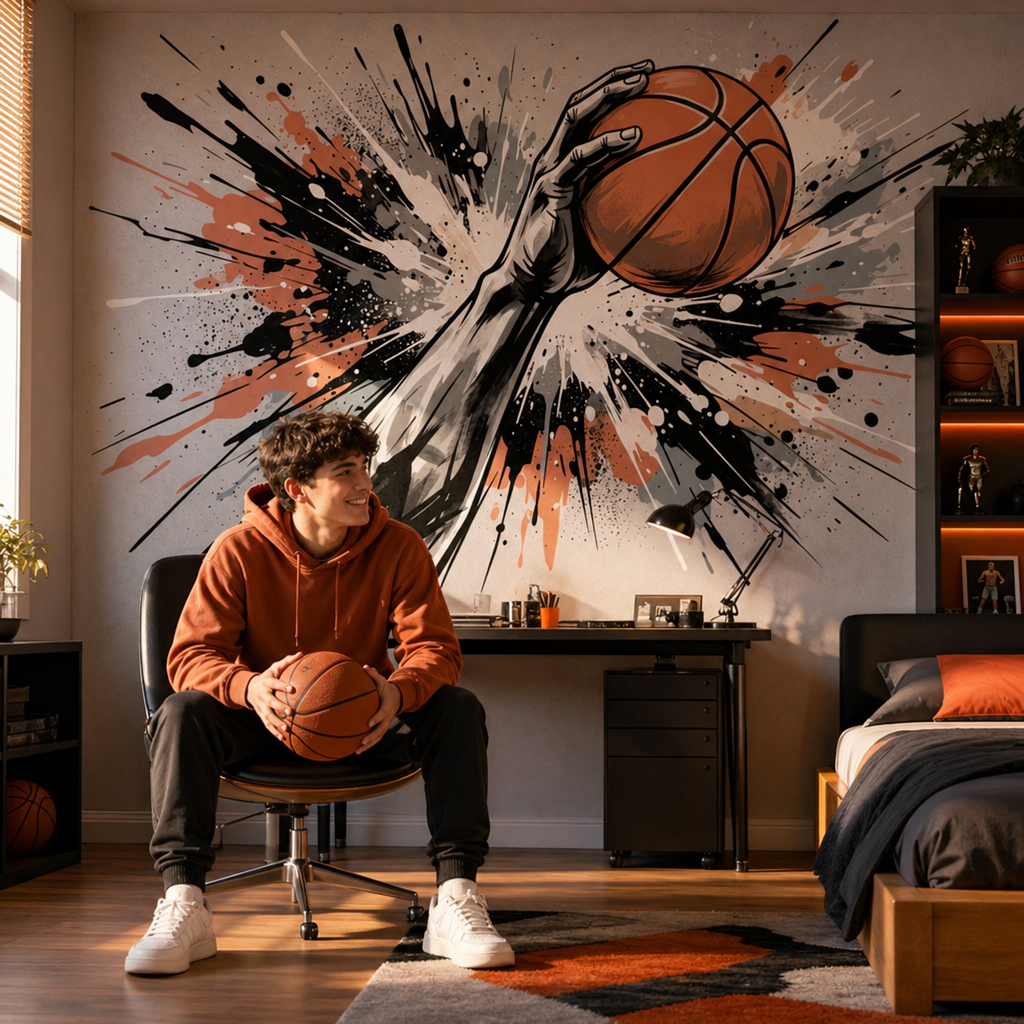 Basketbol Temalı Poster Duvar Kağıdı Siyah Turuncu Sıçrama Desenli