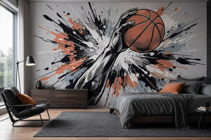 Basketbol Temalı Poster Duvar Kağıdı Siyah Turuncu Sıçrama Desenli