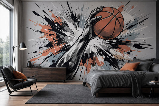 Basketbol Temalı Poster Duvar Kağıdı Siyah Turuncu Sıçrama Desenli