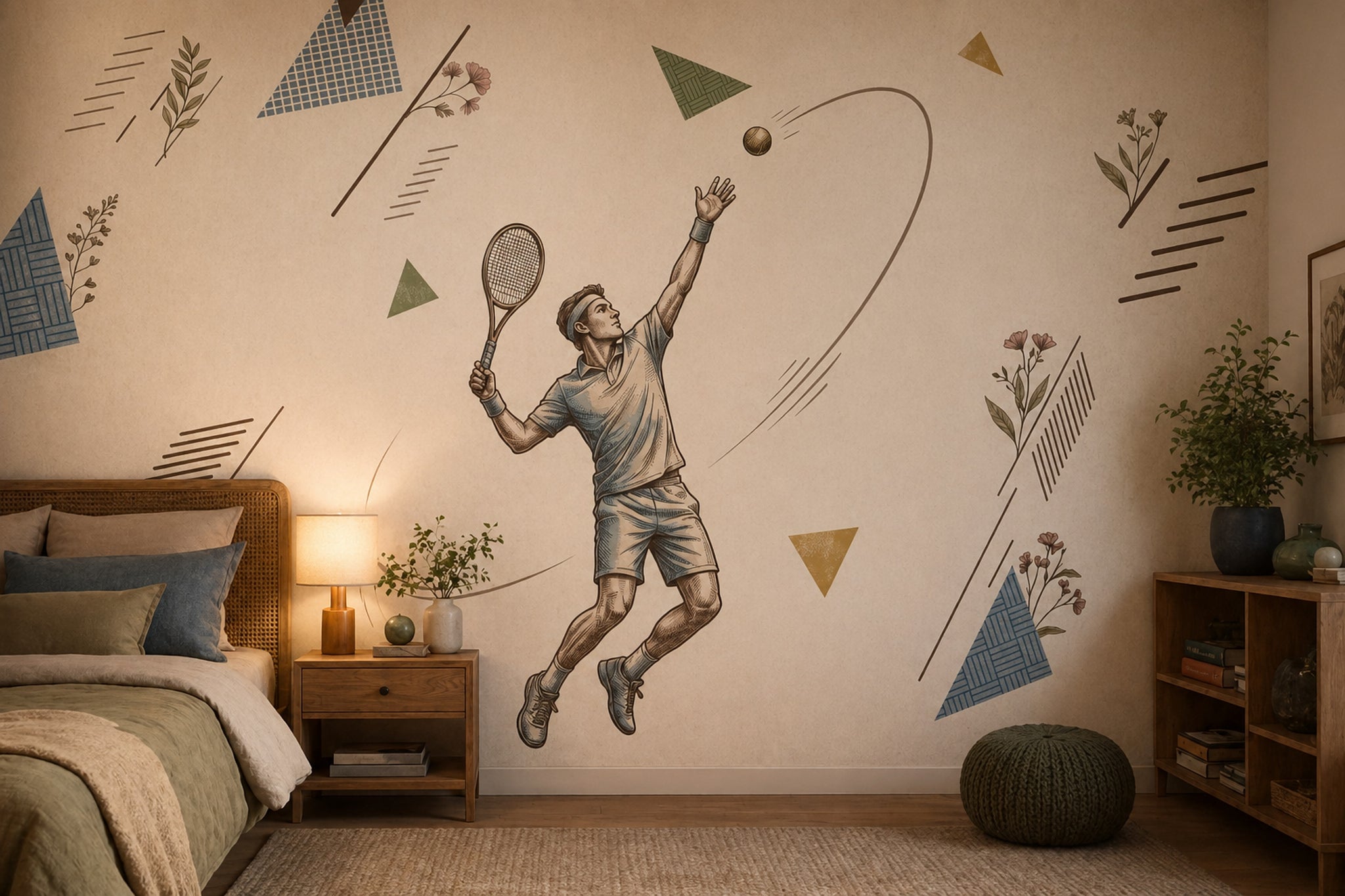 Tenisçi Figürlü Poster Duvar Kağıdı Bej Spor Temalı