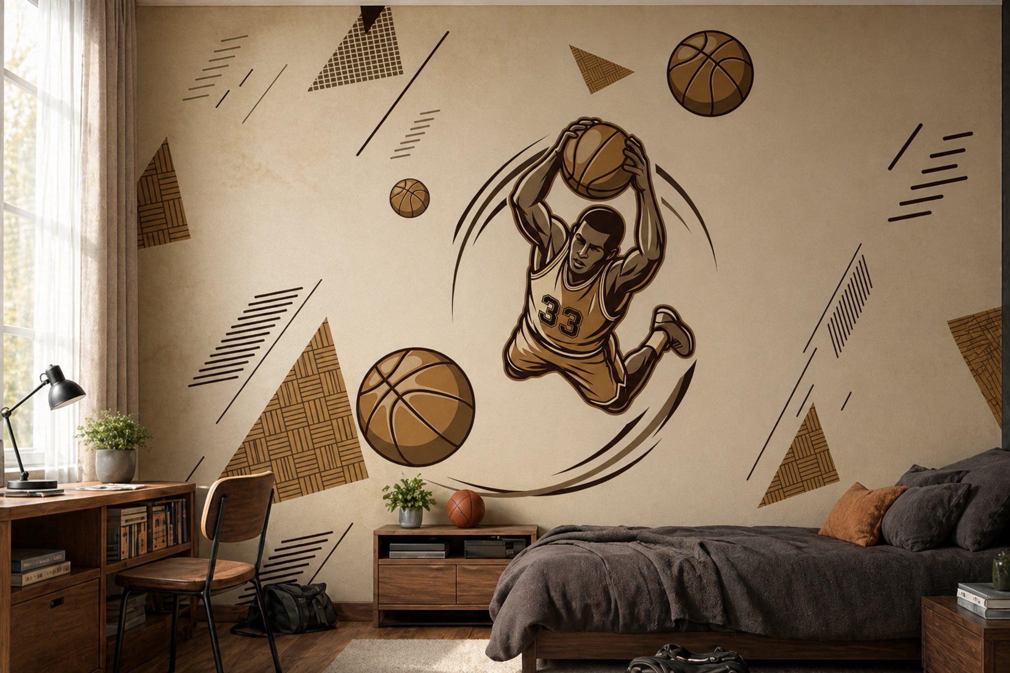Basketbolcu Figürlü Poster Duvar Kağıdı Kahverengi Genç Odası