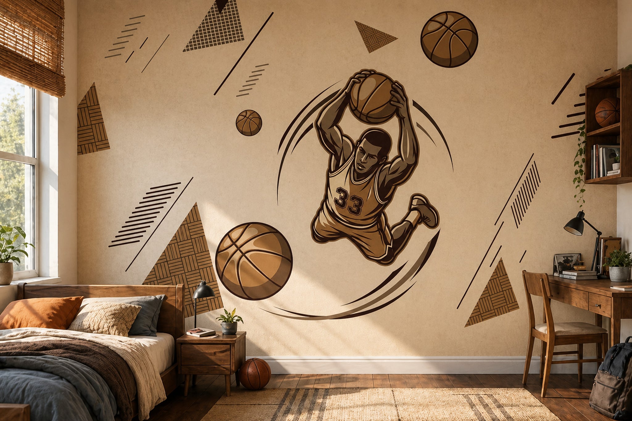Basketbolcu Figürlü Poster Duvar Kağıdı Kahverengi Genç Odası