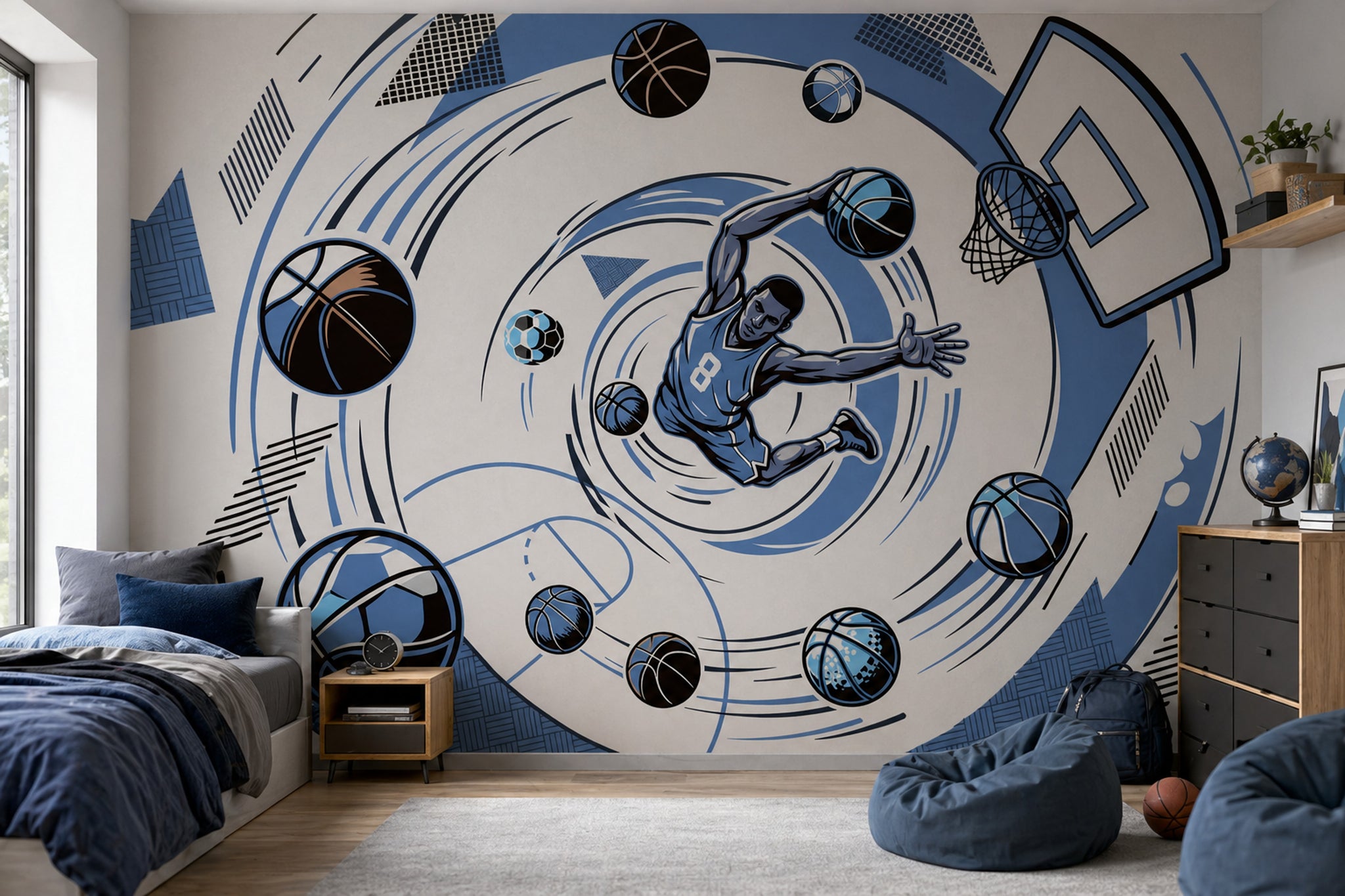 Basketbol Temalı Poster Duvar Kağıdı Mavi Siyah Genç Odası