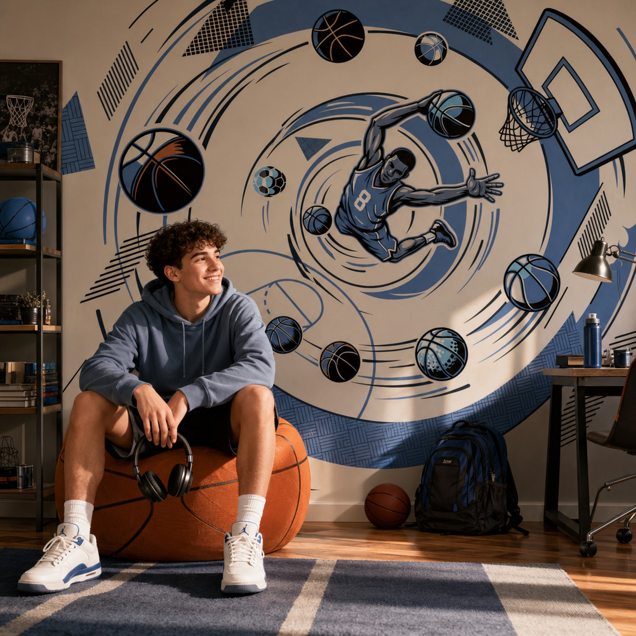 Basketbol Temalı Poster Duvar Kağıdı Mavi Siyah Genç Odası