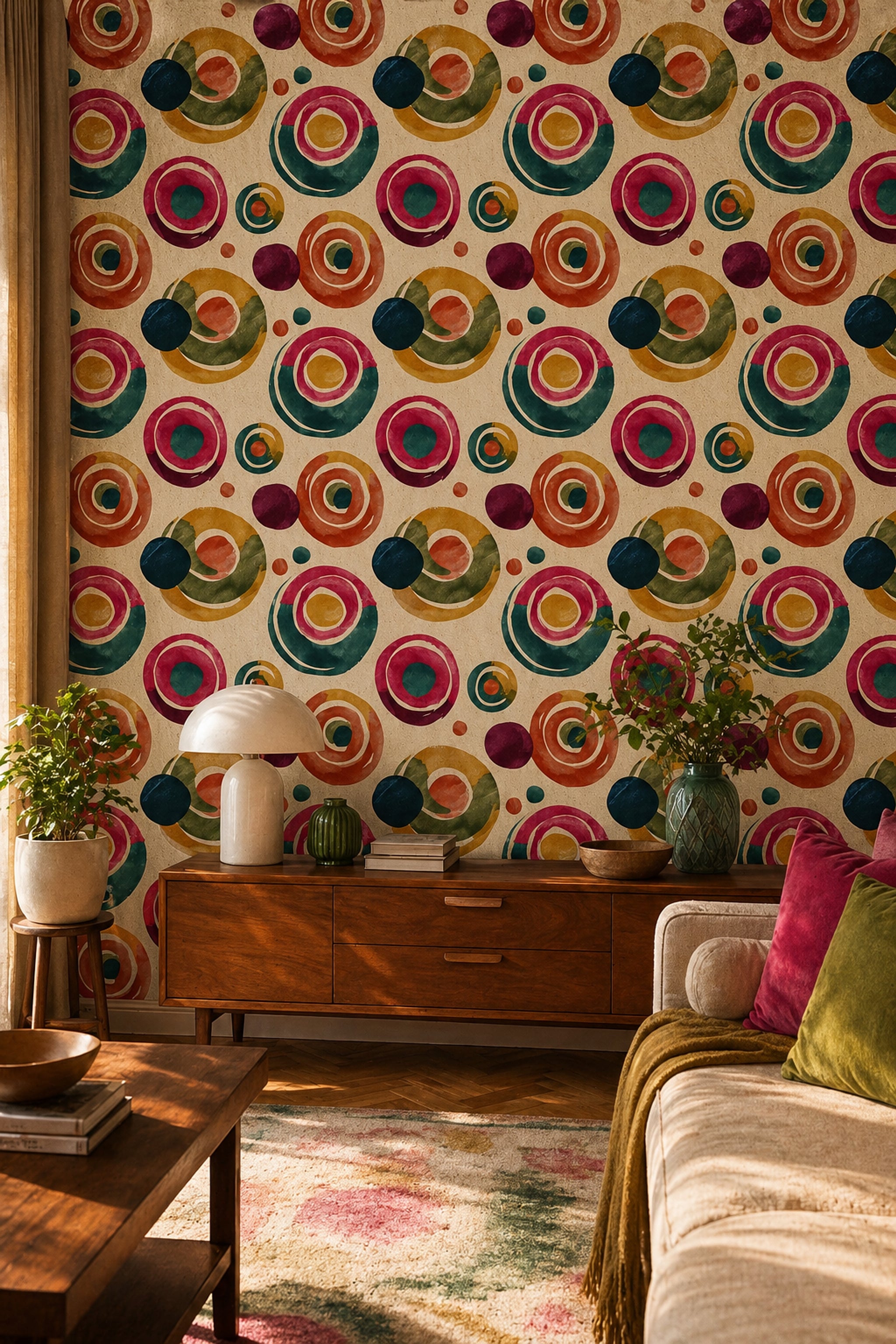 Renkli Retro Daire Desenli Duvar Kağıdı Modern Salon