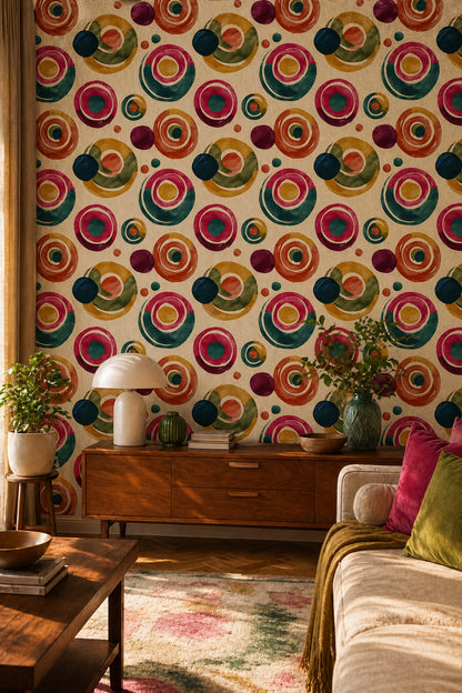 Renkli Retro Daire Desenli Duvar Kağıdı Modern Salon