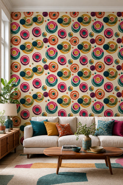 Renkli Retro Daire Desenli Duvar Kağıdı Modern Salon