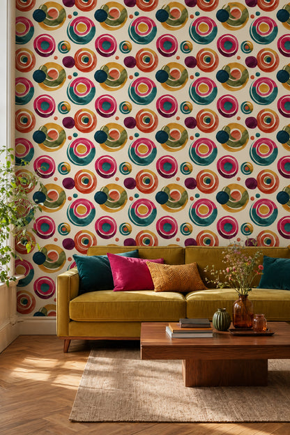 Renkli Retro Daire Desenli Duvar Kağıdı Modern Salon
