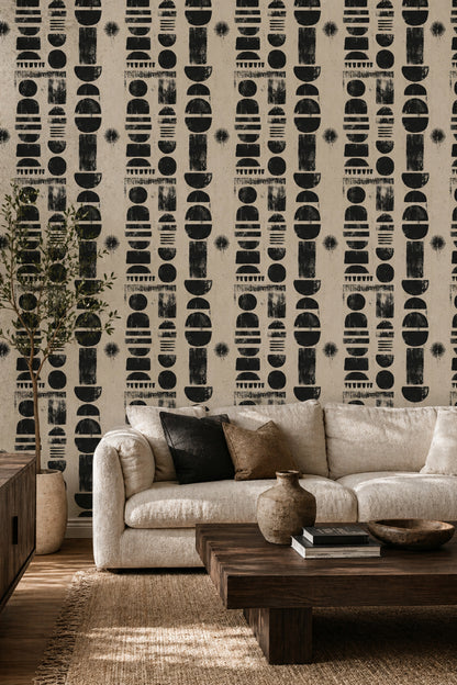 Geometrik Şekilli Duvar Kağıdı Siyah Bej Modern Salon