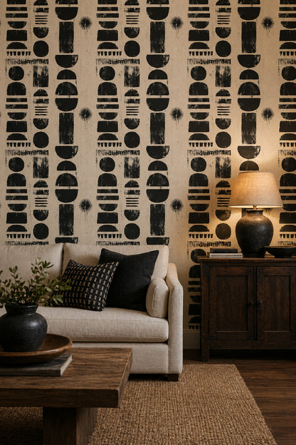 Geometrik Şekilli Duvar Kağıdı Siyah Bej Modern Salon