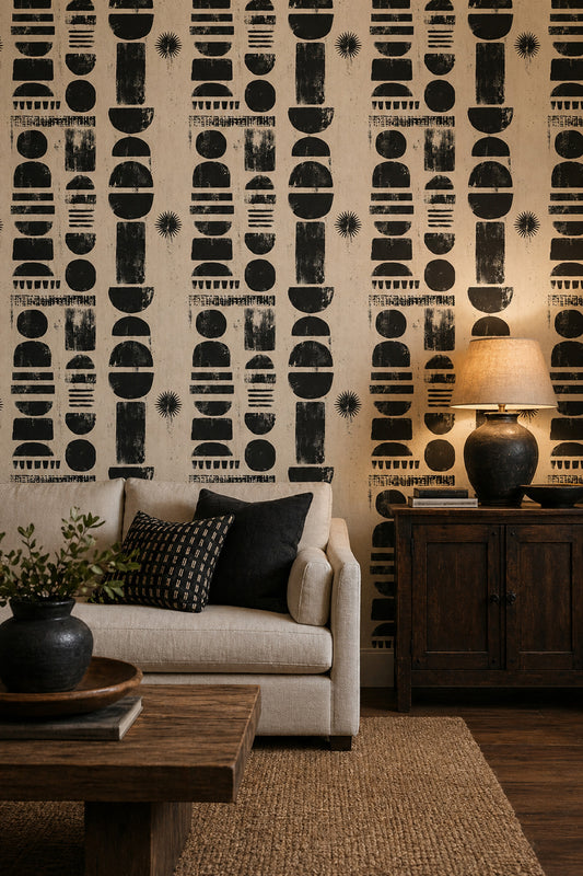 Geometrik Şekilli Duvar Kağıdı Siyah Bej Modern Salon