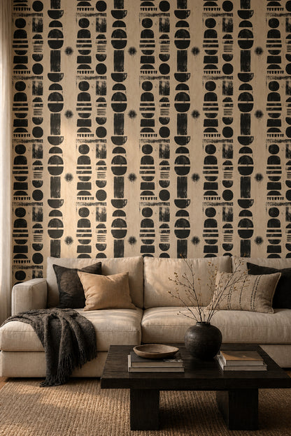 Geometrik Şekilli Duvar Kağıdı Siyah Bej Modern Salon
