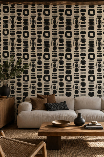 Soyut Geometrik Duvar Kağıdı Siyah Bej Desenli Salon