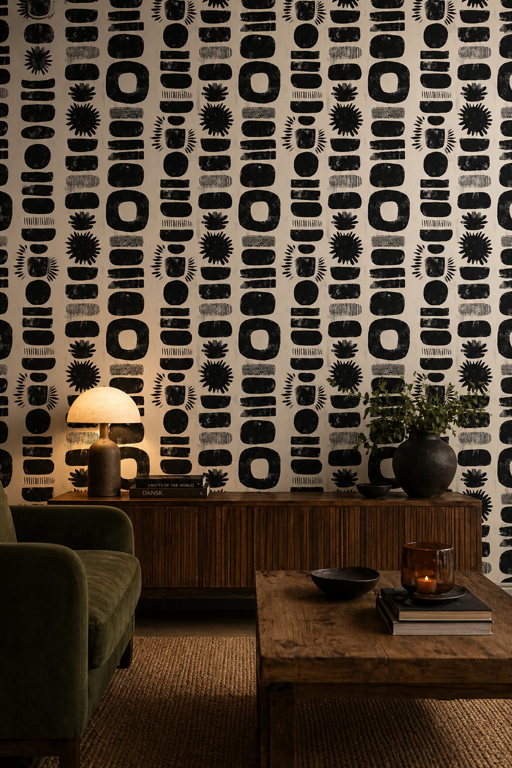 Soyut Geometrik Duvar Kağıdı Siyah Bej Desenli Salon