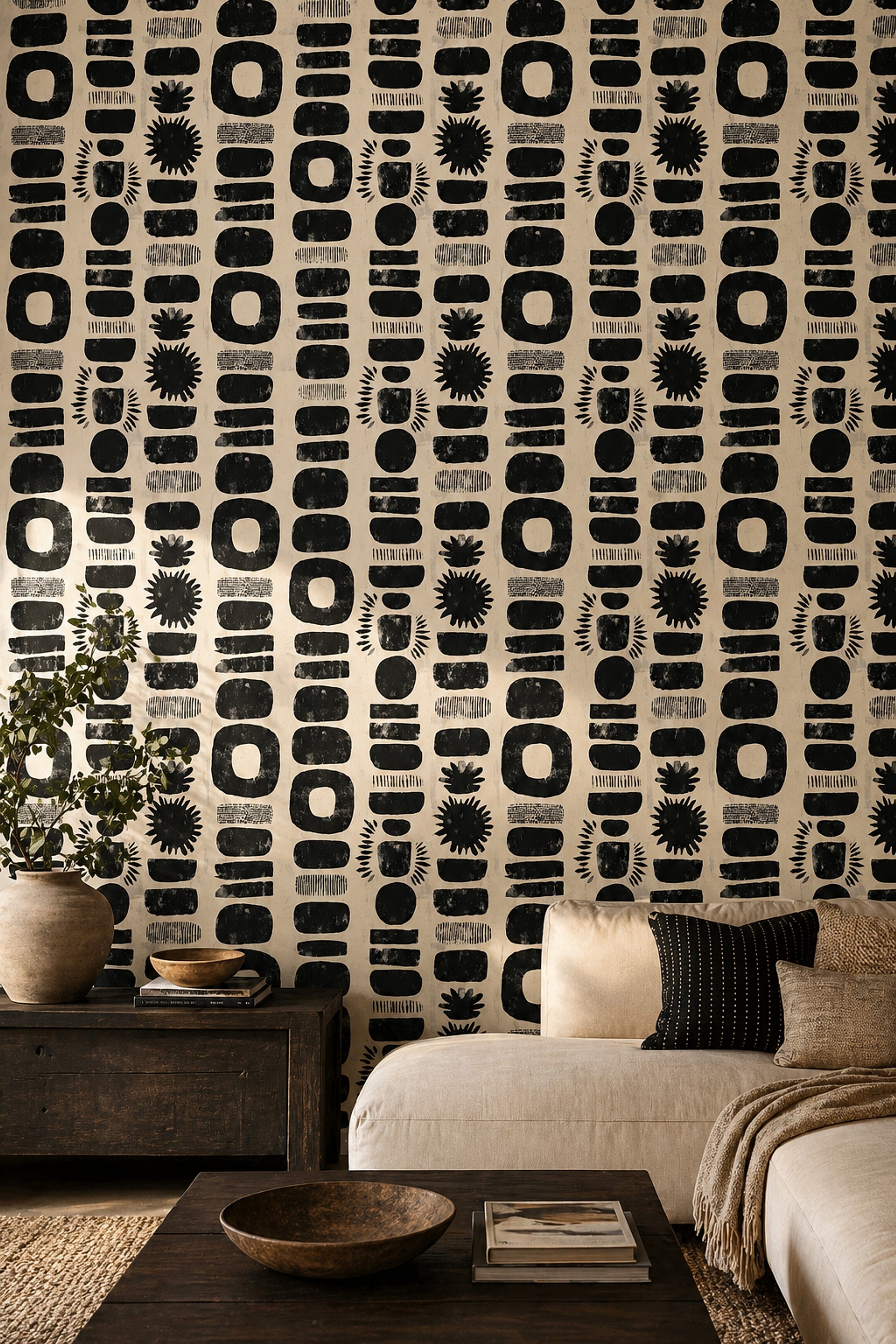Soyut Geometrik Duvar Kağıdı Siyah Bej Desenli Salon