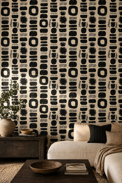 Soyut Geometrik Duvar Kağıdı Siyah Bej Desenli Salon