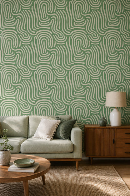 Yeşil Soyut Çizgili Duvar Kağıdı Modern Salon Deseni