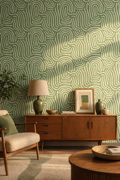 Yeşil Soyut Çizgili Duvar Kağıdı Modern Salon Deseni
