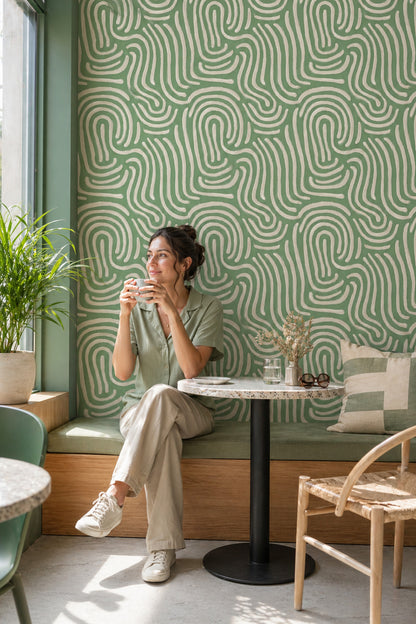 Yeşil Soyut Çizgili Duvar Kağıdı Modern Salon Deseni