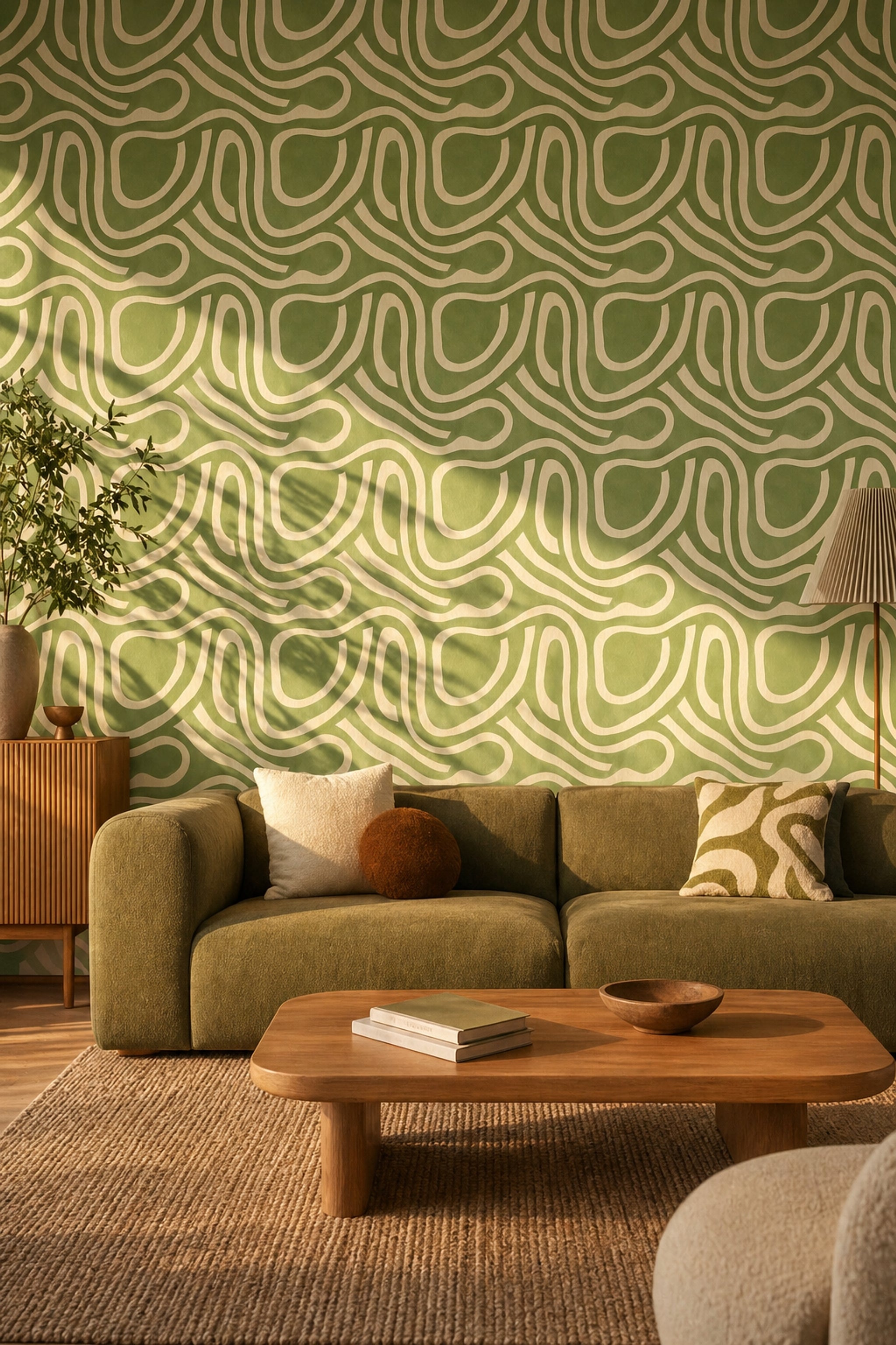 Yeşil Kıvrımlı Geometrik Duvar Kağıdı Modern Salon Deseni