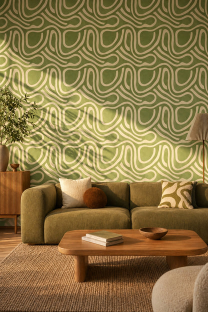Yeşil Kıvrımlı Geometrik Duvar Kağıdı Modern Salon Deseni