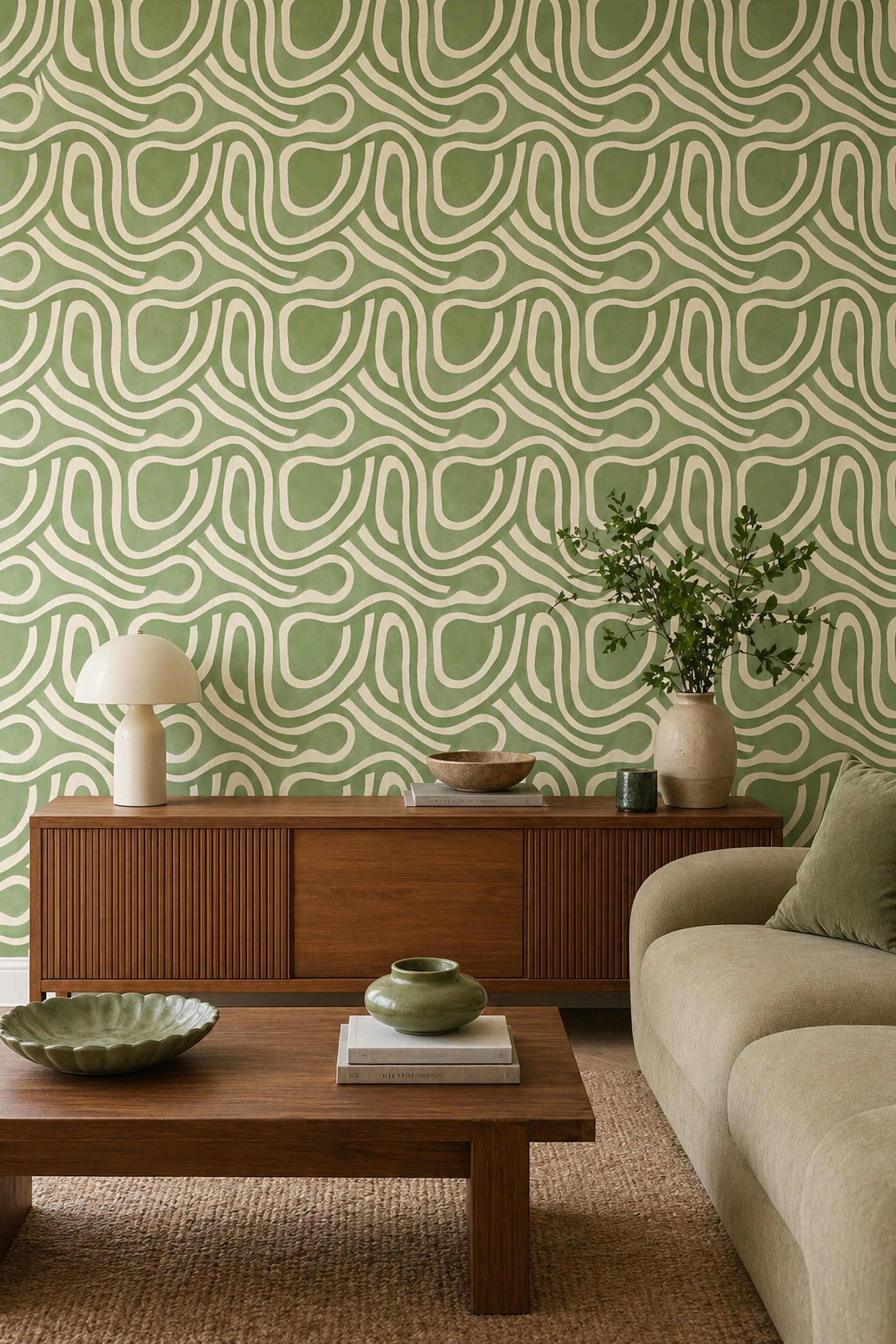 Yeşil Kıvrımlı Geometrik Duvar Kağıdı Modern Salon Deseni
