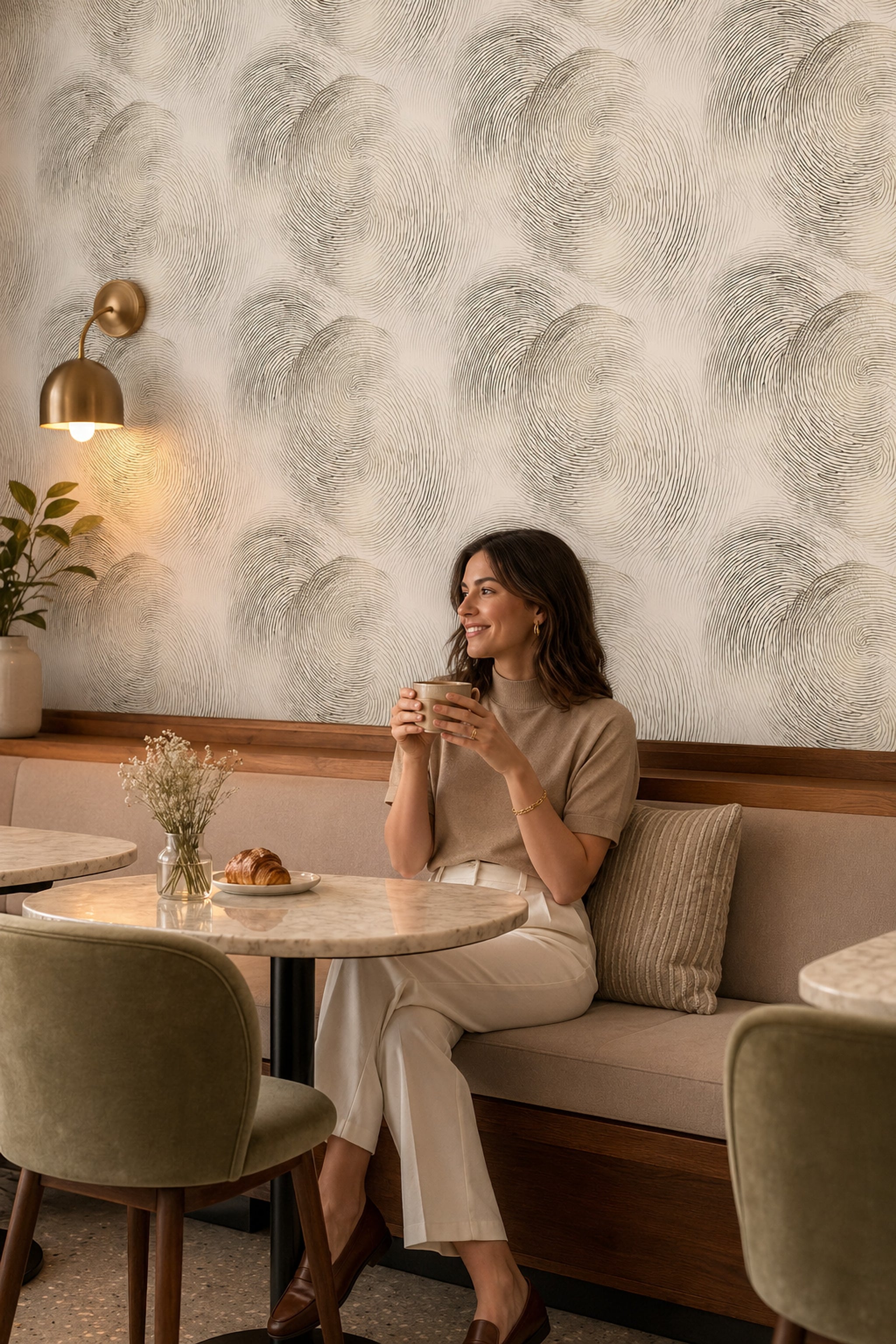 Parmak İzi Desenli Duvar Kağıdı Bej Gri Modern Salon