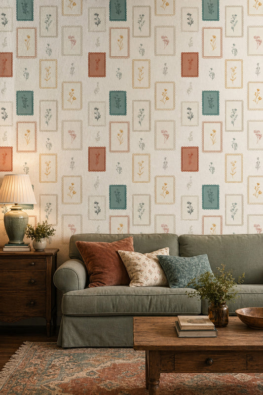 Çerçeveli Çiçek Desenli Duvar Kağıdı Krem Salon Dekoru