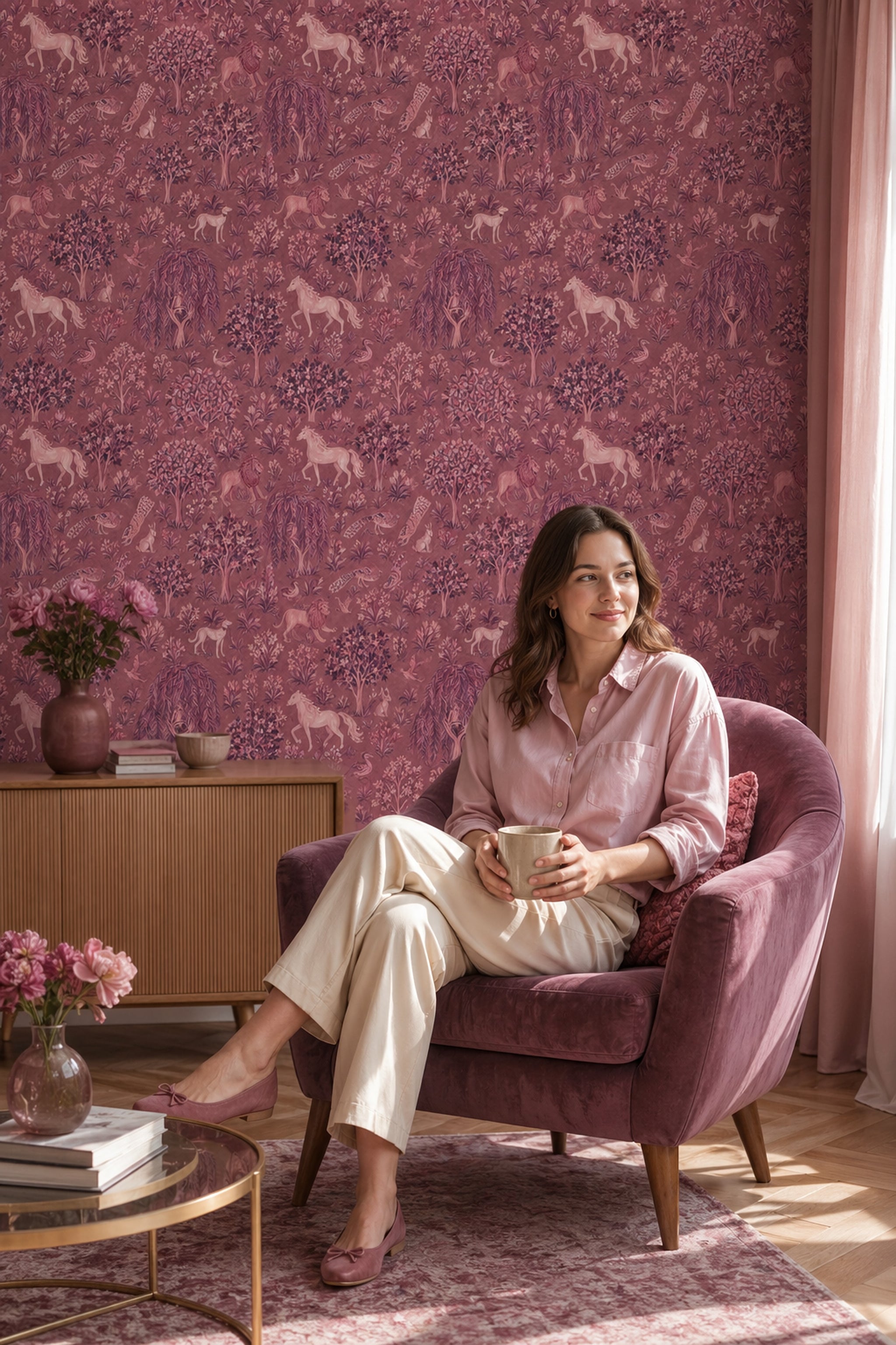 Orman ve Unicorn Desenli Duvar Kağıdı Gül Kurusu Salon