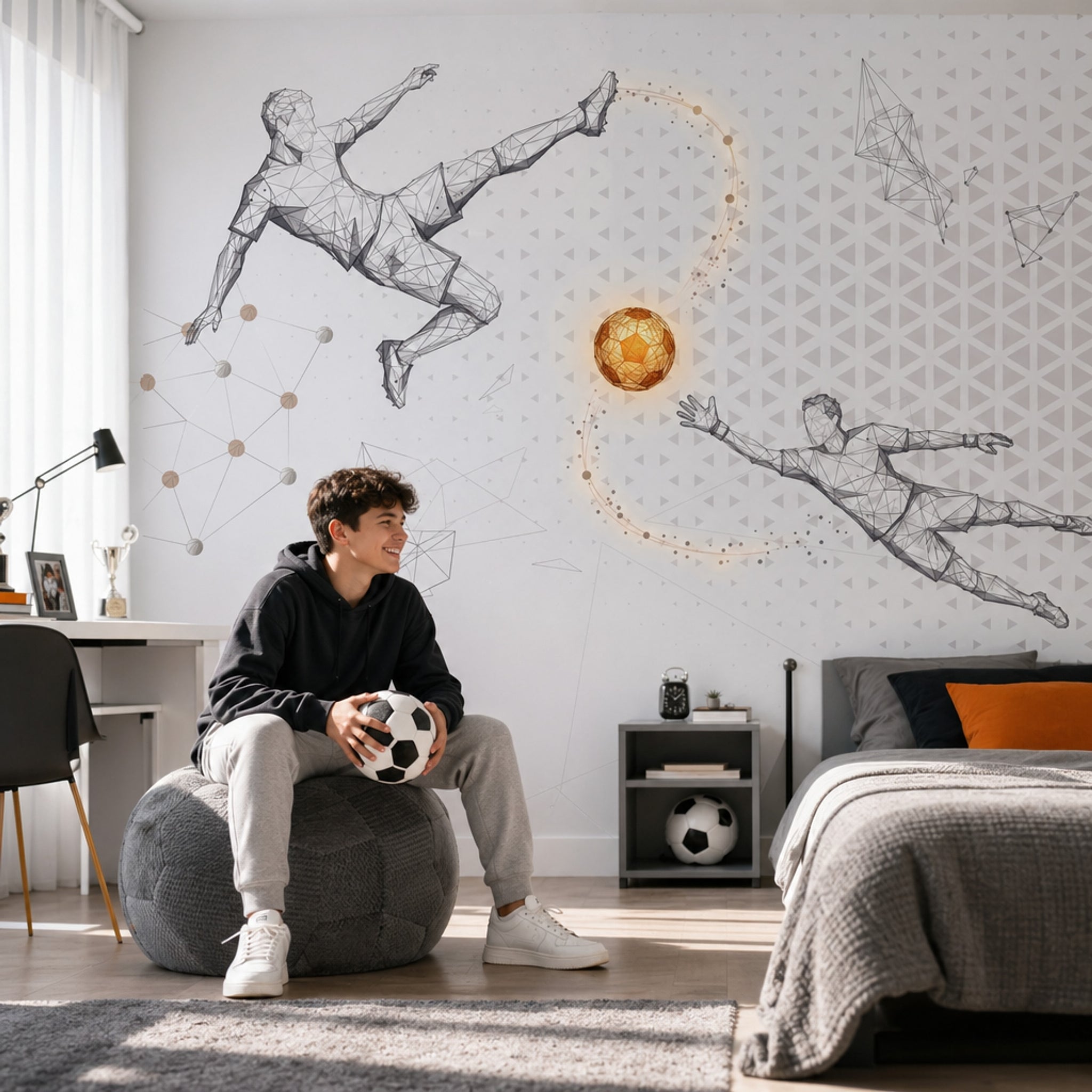 Geometrik Futbolcu Poster Duvar Kağıdı Gri Spor Temalı Genç Odası