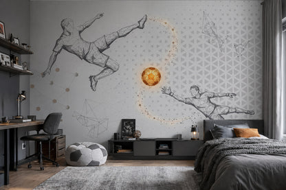 Geometrik Futbolcu Poster Duvar Kağıdı Gri Spor Temalı Genç Odası