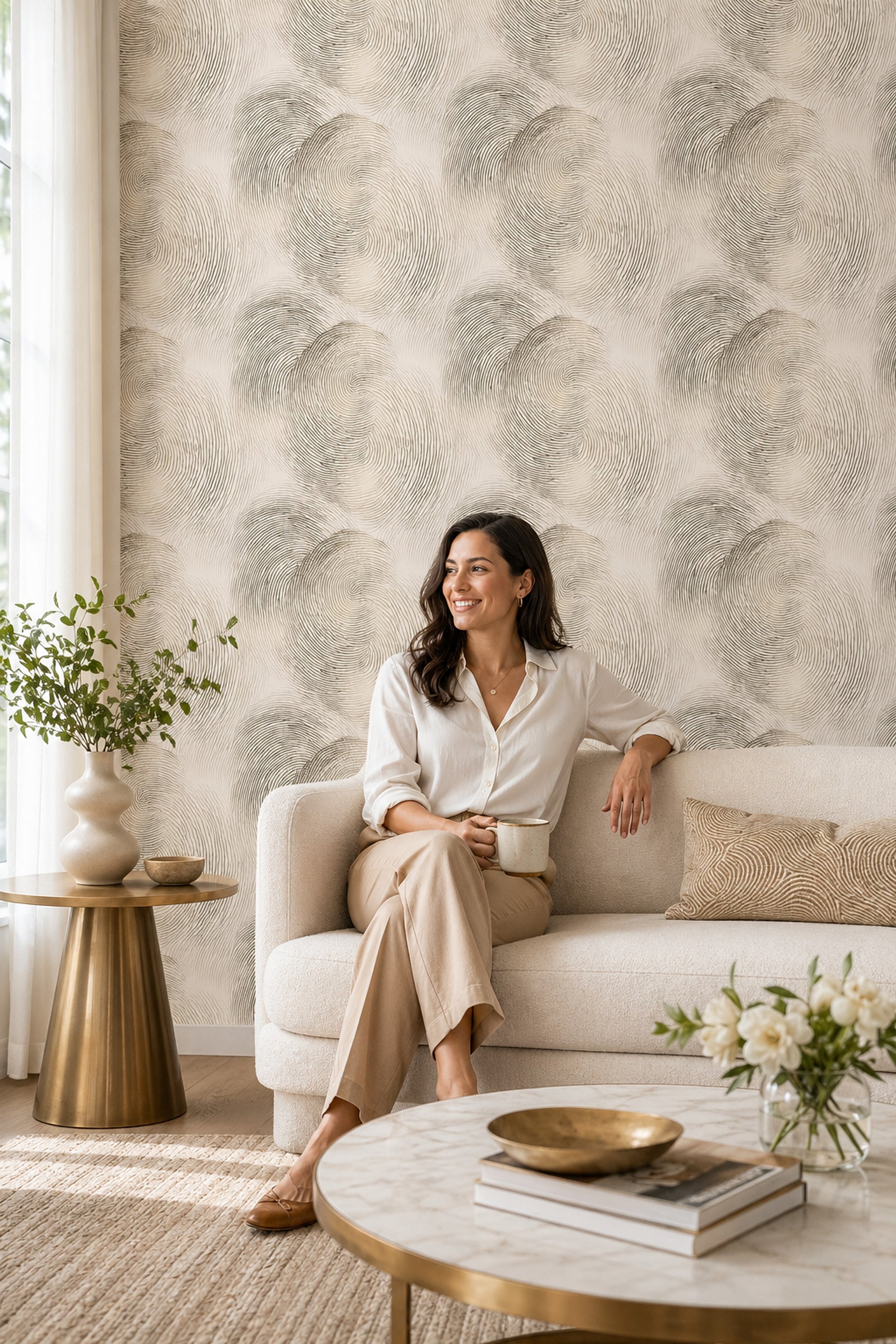 Parmak İzi Desenli Duvar Kağıdı Bej Gri Modern Salon