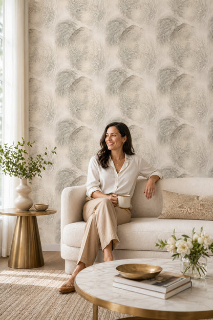 Parmak İzi Desenli Duvar Kağıdı Bej Gri Modern Salon
