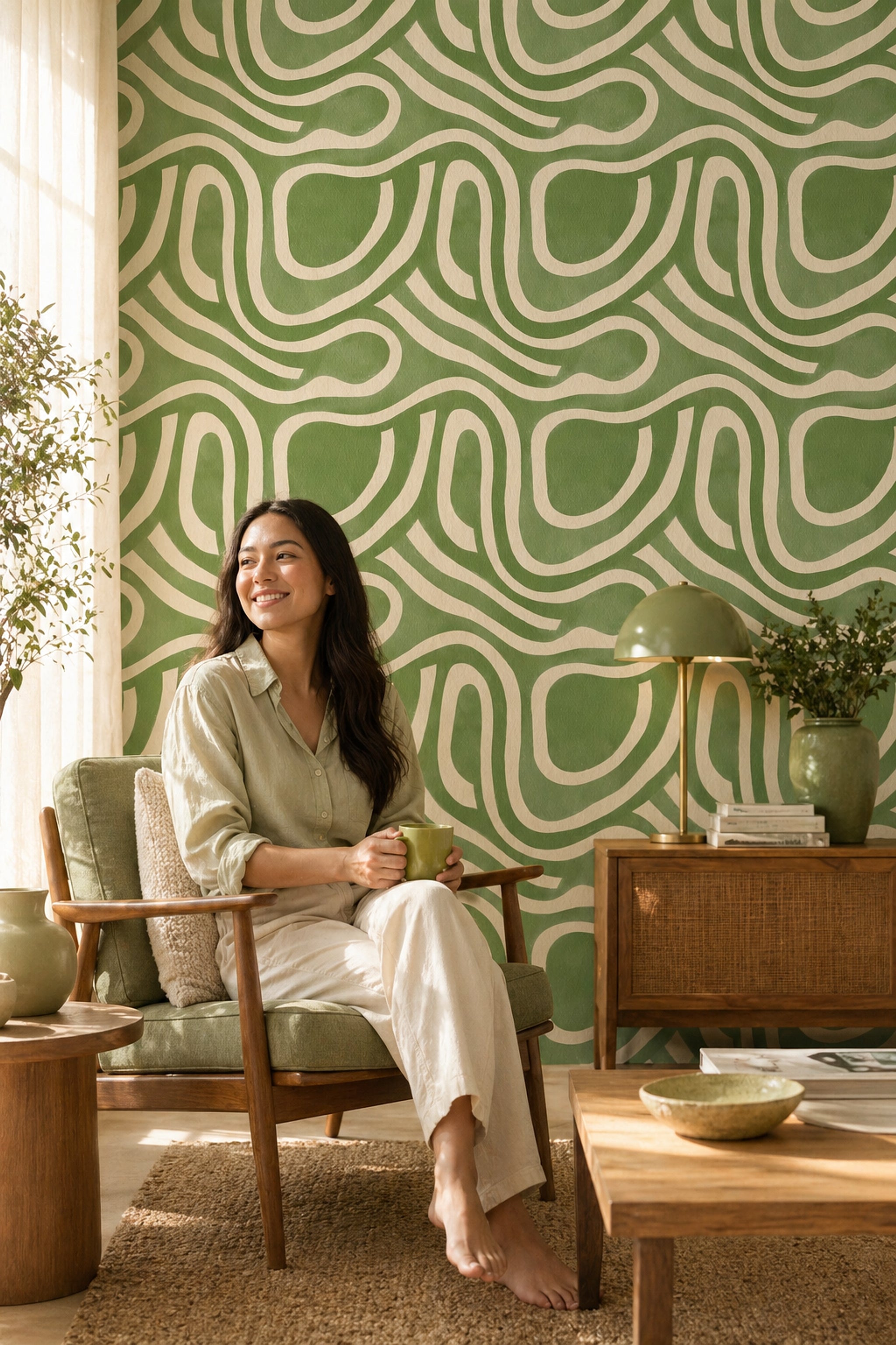 Yeşil Kıvrımlı Geometrik Duvar Kağıdı Modern Salon Deseni