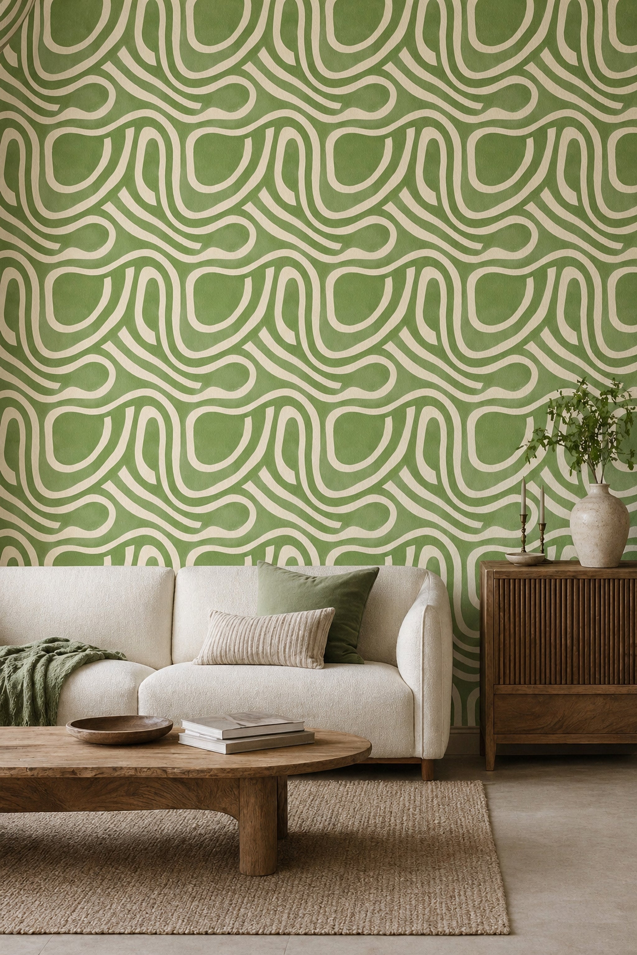 Yeşil Kıvrımlı Geometrik Duvar Kağıdı Modern Salon Deseni